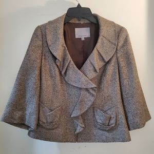 Tan cropped blazer, ruffle neck, size XS from Nordstrom, silk blend